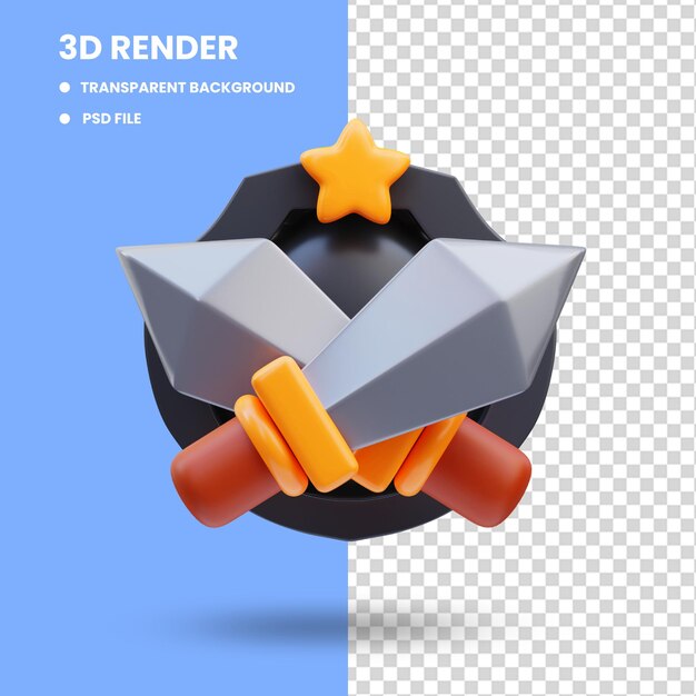 Representación 3d de la ilustración del icono del juego, escudo y dos espadas