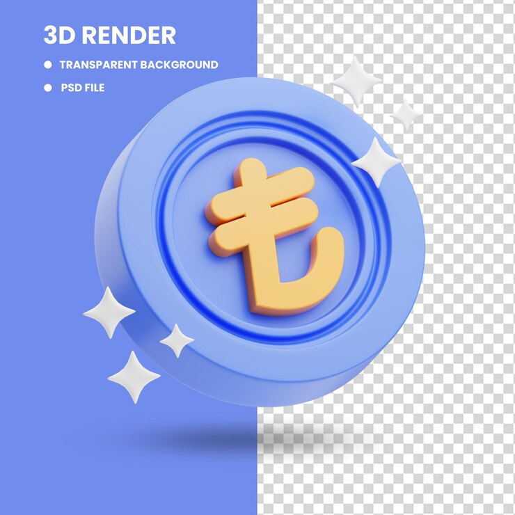 PSD representación 3d de la ilustración del icono lindo moneda lira turca moneda naranja púrpura