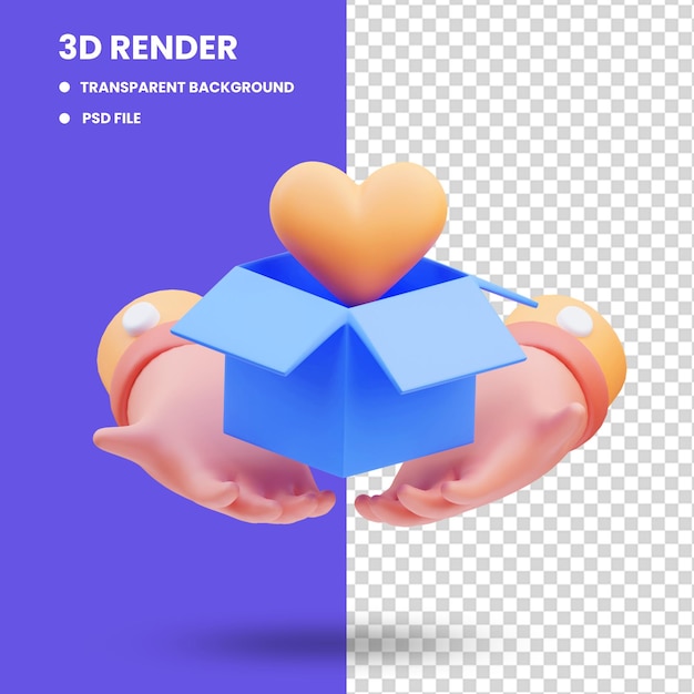 PSD representación 3d de la ilustración del icono de la mano dando un amor en la caja de donación, día de la caridad