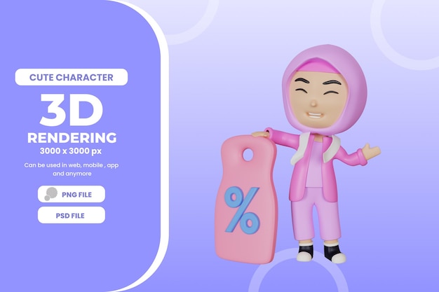 Representación 3d ilustración de personaje de niña linda con etiqueta de descuento psd premium