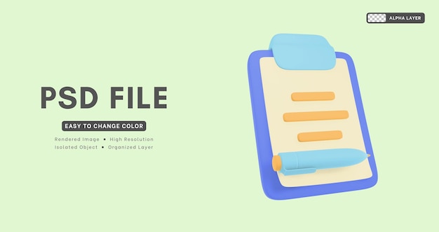 PSD la representación 3d incluye iconos de bolígrafo y bloc de notas