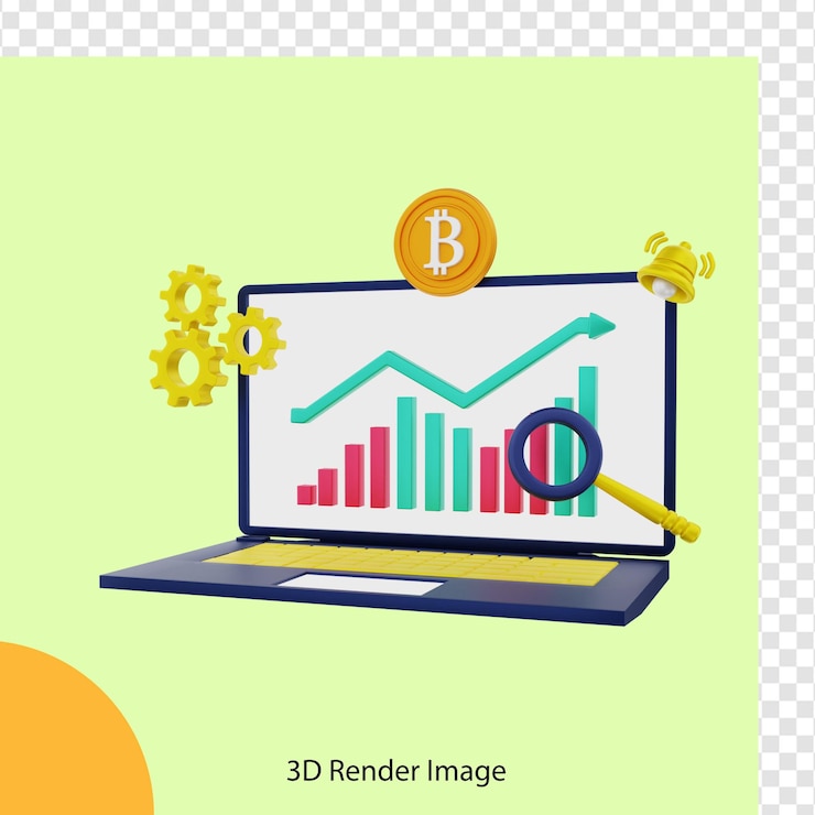PSD representación 3d del informe de análisis de monedas criptográficas de bitcoin con una computadora portátil