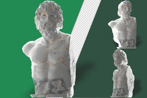 PSD representación 3d inspirada en el renacimiento de la estatua torso asklepios de mármol blanco y dorado