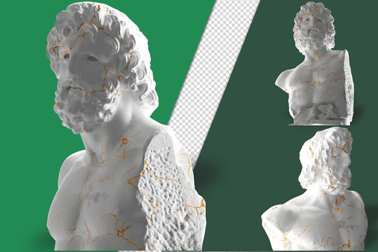 PSD representación 3d inspirada en el renacimiento de la estatua torso asklepios de mármol blanco y dorado
