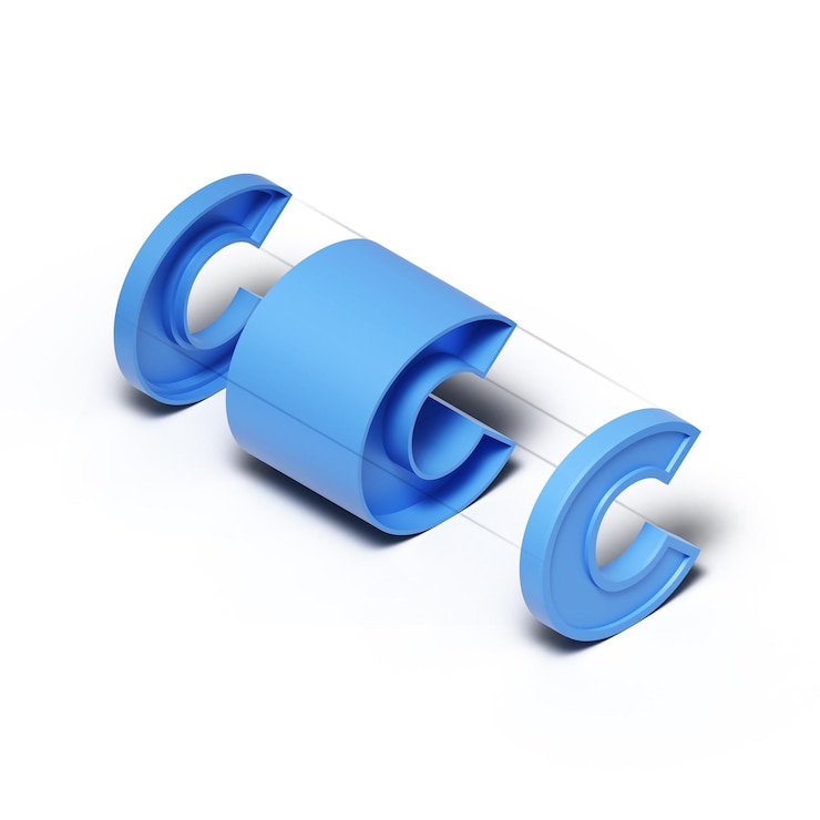 PSD representación 3d isométrica cubo de plástico azul letra del alfabeto c aislado sobre fondo transparente