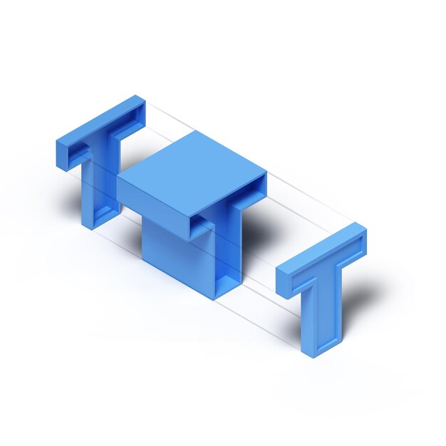 Representación 3d isométrica cubo de plástico azul letra del alfabeto t aislado sobre fondo transparente