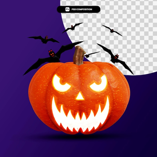 Representación 3d de jack linterna de calabaza con murciélagos voladores concepto de halloween aislado