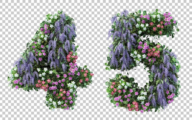 Representación 3d jardín de flores número 4 y número 5 aislado