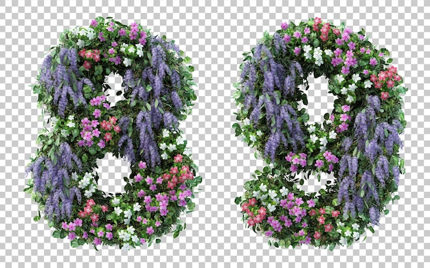 Representación 3D jardín de flores número 8 y número 9 aislado