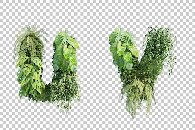 Representación 3D de jardín vertical alfabeto u y alfabeto v