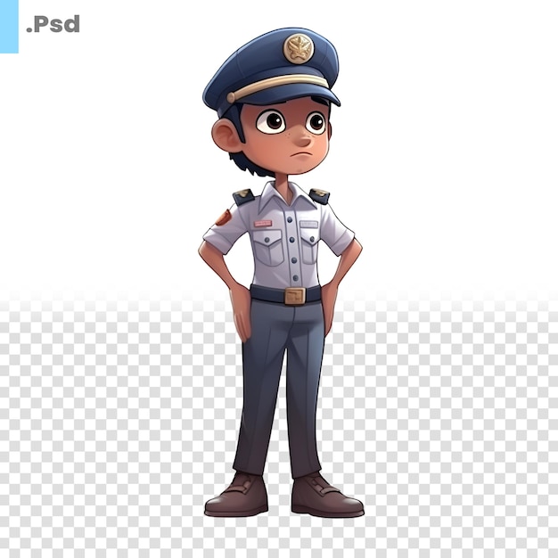 Representación 3d de un joven policía con sombrero y pose de uniforme plantilla psd