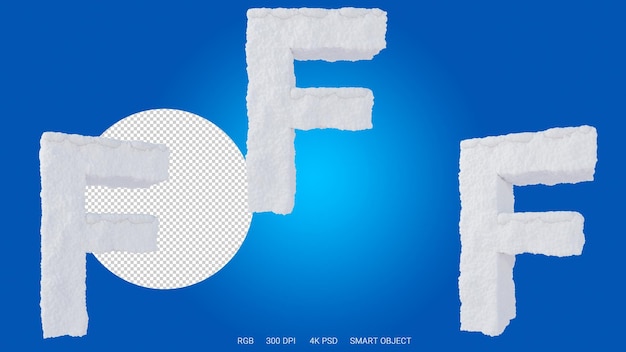 Representación 3d de la letra F en forma y estilo de nieve sobre un fondo transparente