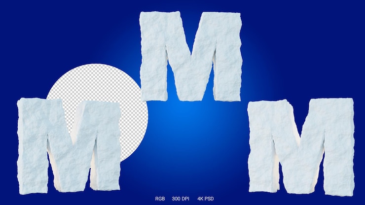 PSD representación 3d de la letra m en forma y estilo de un glaciar, sobre un fondo transparente