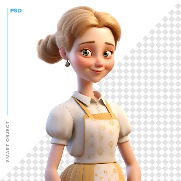 PSD representación 3d de una linda chica de dibujos animados con delantal aislado sobre fondo blanco