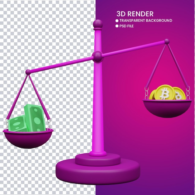 PSD representación 3d de linda escala de dinero y bitcoin