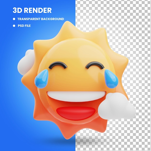 Representación 3d de la linda ilustración del icono del sol con cara de risa