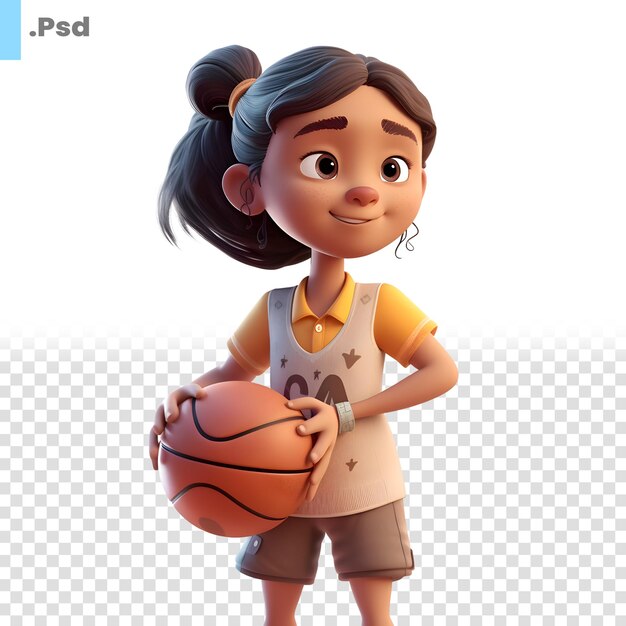 PSD representación 3d de una linda niña con baloncesto aislada en la plantilla psd de fondo blanco