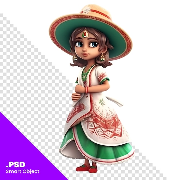 PSD representación 3d de una linda niña india con sombrero plantilla psd