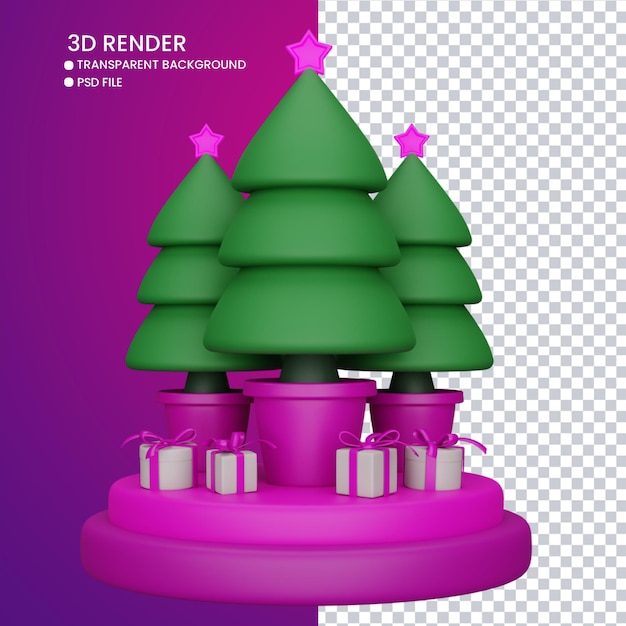 Representación 3D de lindo árbol de Navidad y regalos