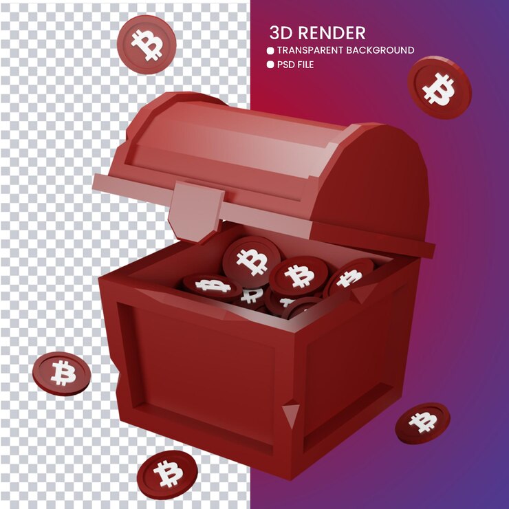 PSD representación 3d del lindo cofre del tesoro de bitcoin