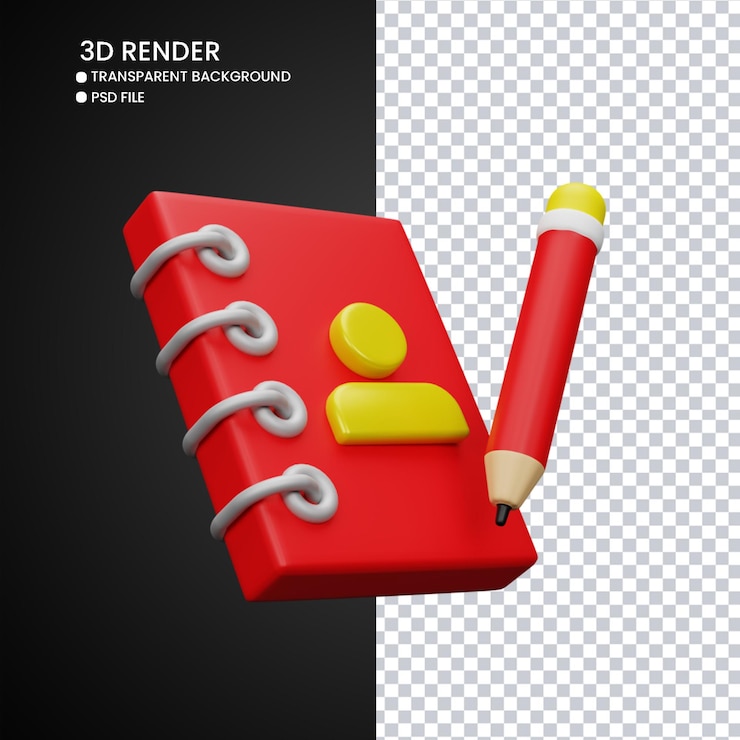 PSD representación 3d de un lindo libro de contactos con lápiz
