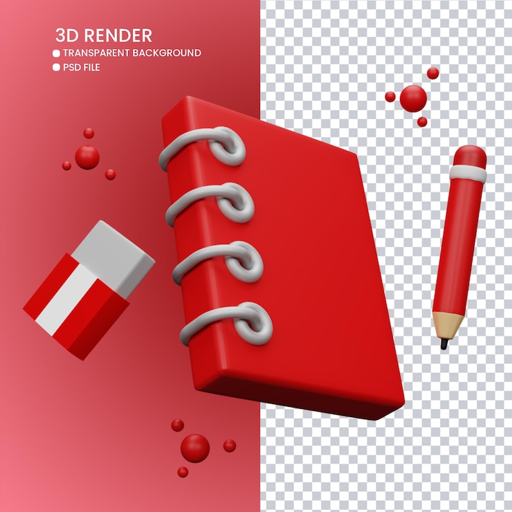 PSD representación 3d de lindo libro y lápiz con borrador