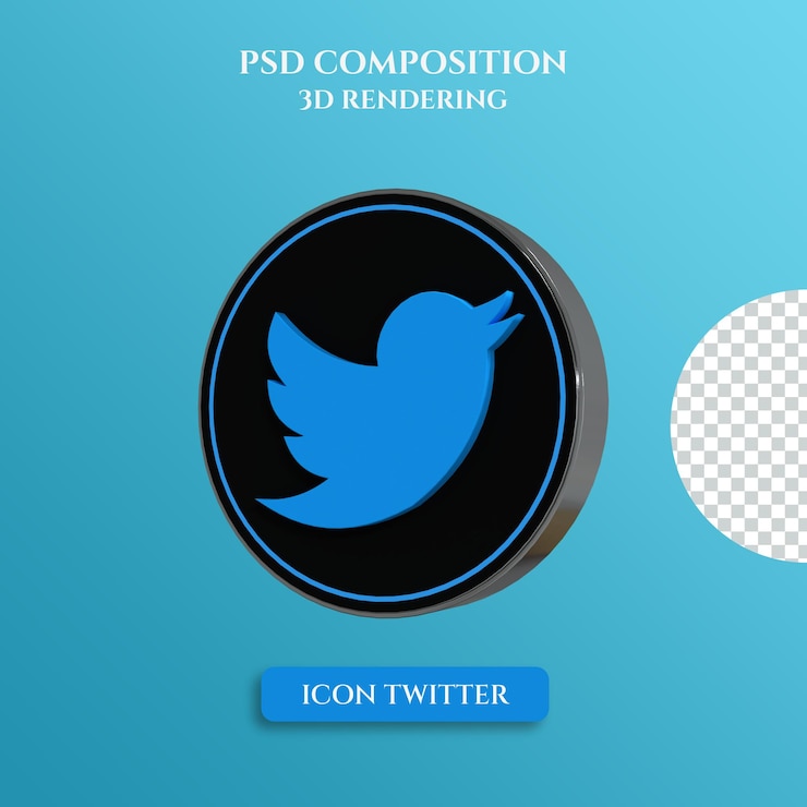 PSD representación 3d del logotipo de twitter con estilo de círculo de color de metal plateado
