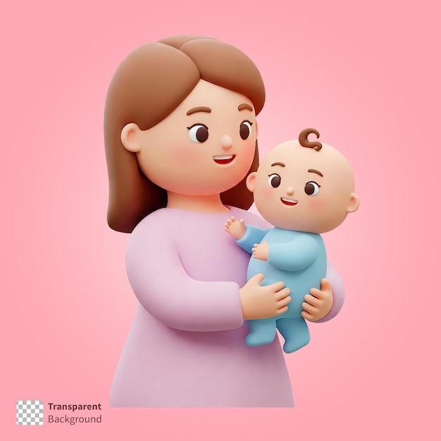Representación en 3D de una madre sonriente, personaje de dibujos animados de cabello marrón sosteniendo a su bebé en sus brazos