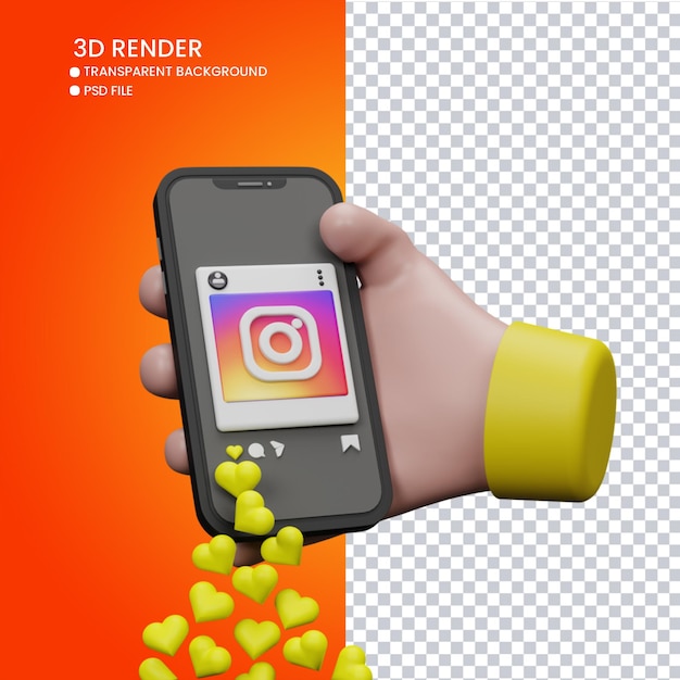 PSD representación 3d de mano linda y teléfono móvil con instagram como