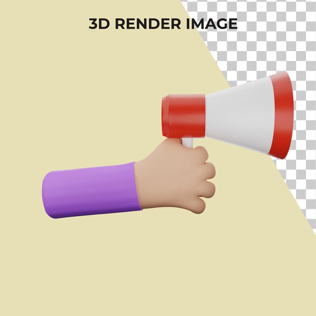 Representación 3d de mano sosteniendo megáfono premium psd