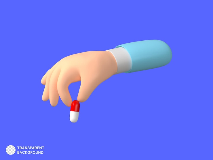 PSD representación 3d de la mano tomando cápsula de medicina