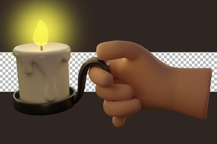 PSD representación 3d de mano y vela transparente.