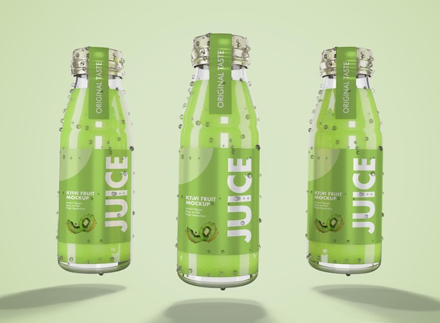 Representación 3D de maqueta de jugo fresco con botella de vidrio