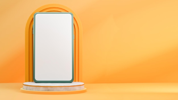 Representación 3D de la maqueta de la pantalla del teléfono inteligente en blanco en el podio y el espacio de copia contra el fondo naranja pálido