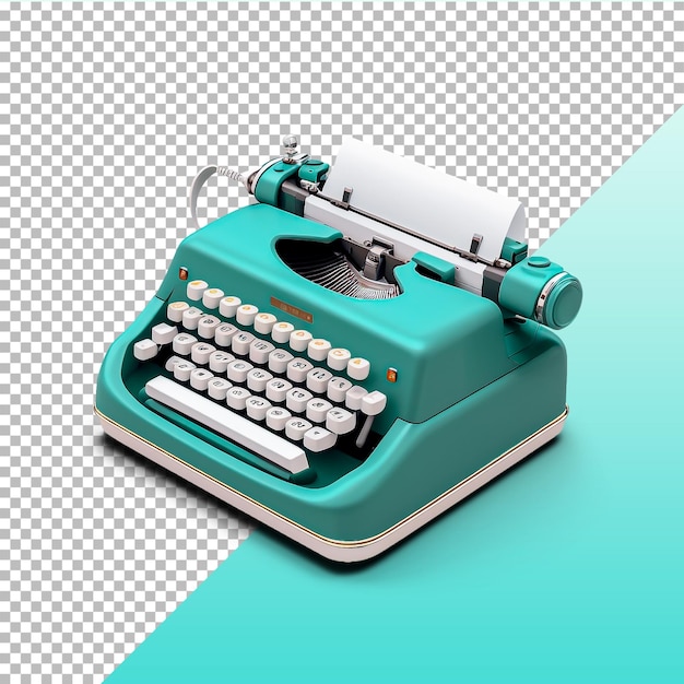 Representación 3d de una máquina de escribir azul y verde con un libro blanco encima.