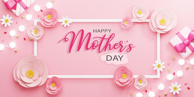 Representación 3d Marco de rectángulo de ilustración de feliz día de la madre y flor de rosa rosa sobre fondo rosa