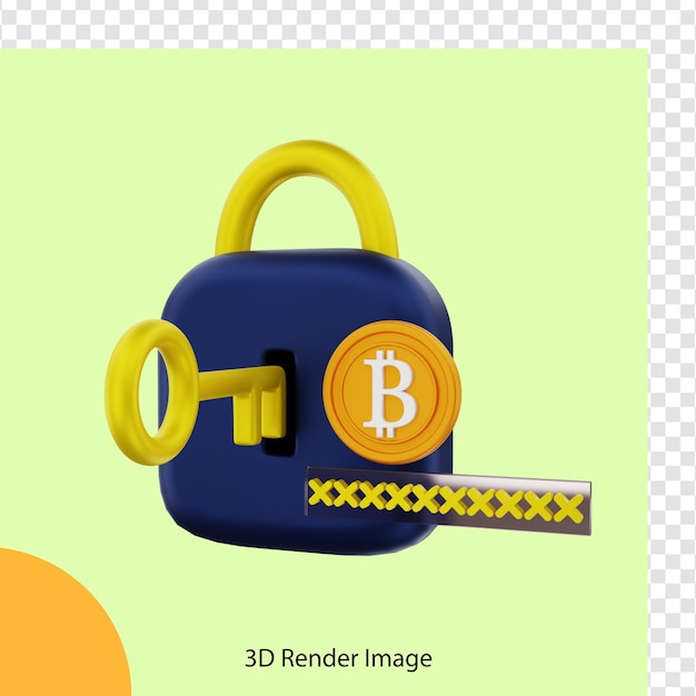 Representación 3d de la moneda criptográfica bitcoin con dirección de clave de privacidad