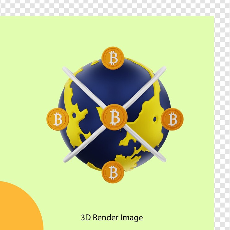 PSD representación 3d de la moneda criptográfica bitcoin global