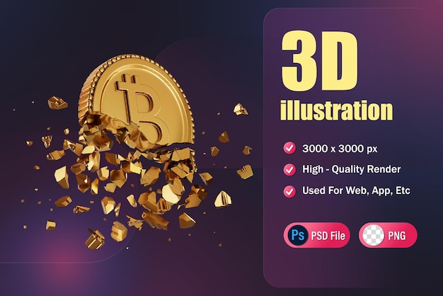 Representación 3d de moneda criptográfica rota para aplicación web aplicación infográfica