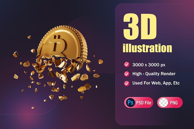 Representación 3d de moneda criptográfica rota para aplicación web aplicación infográfica