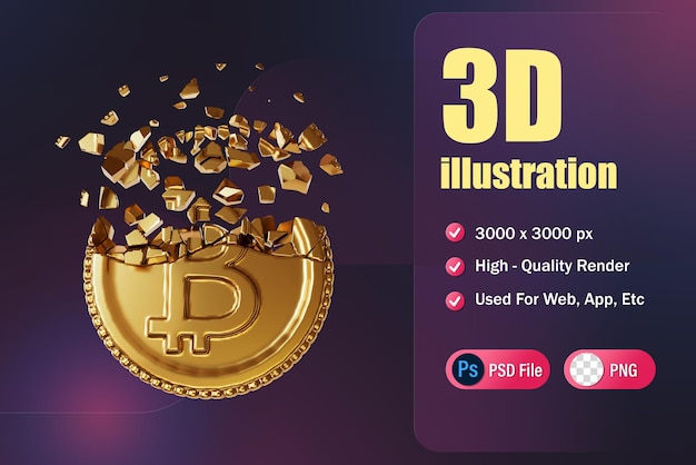 Representación 3d de moneda criptográfica rota para aplicación web aplicación infográfica