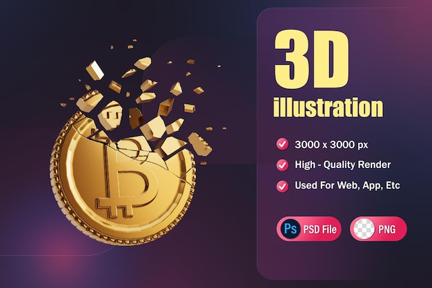 Representación 3d de moneda criptográfica rota para aplicación web aplicación infográfica