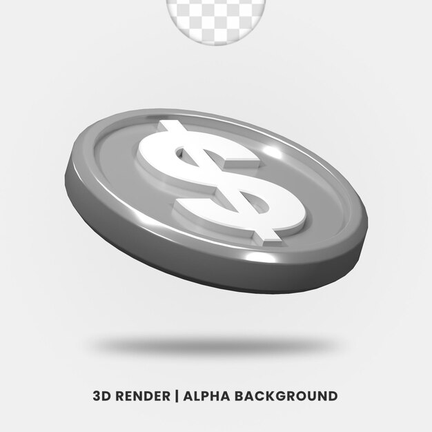 Representación 3D de moneda de dólar de metal plateado aislada. Útil para la ilustración de negocios o comercio electrónico.