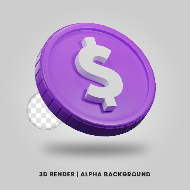 Representación 3d de moneda de dólar púrpura aislada. útil para la ilustración de diseño de proyectos comerciales o de comercio electrónico.