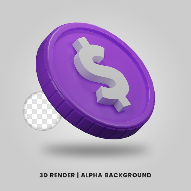 Representación 3D de moneda de dólar púrpura aislada. Útil para la ilustración de diseño de proyectos comerciales o de comercio electrónico.