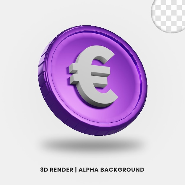 Representación 3d de la moneda de euro de color púrpura con efecto brillante aislado. útil para la ilustración de proyectos comerciales o de comercio electrónico.