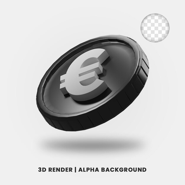 Representación 3d de la moneda euro negra con efecto brillante aislado. útil para la ilustración de proyectos comerciales o de comercio electrónico.