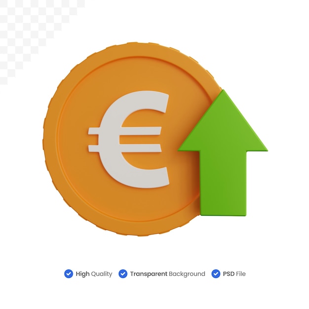 Representación 3D de monedas de euro con flecha hacia arriba aislada