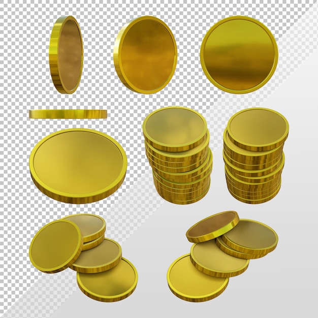Representación 3D de monedas de oro limpias secuenciales y apiladas.