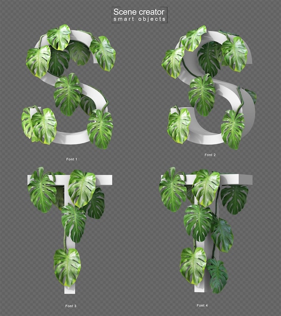 Representación 3D de la monstera rastrera en el alfabeto S y el alfabeto T